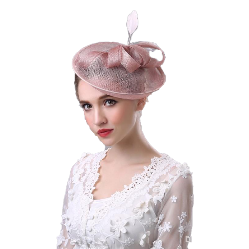 Women Bridal Hat Linen with Feather Lady Chic Fascinator Hat Cocktail Wedding Party Church Headpiece Hair Accessories