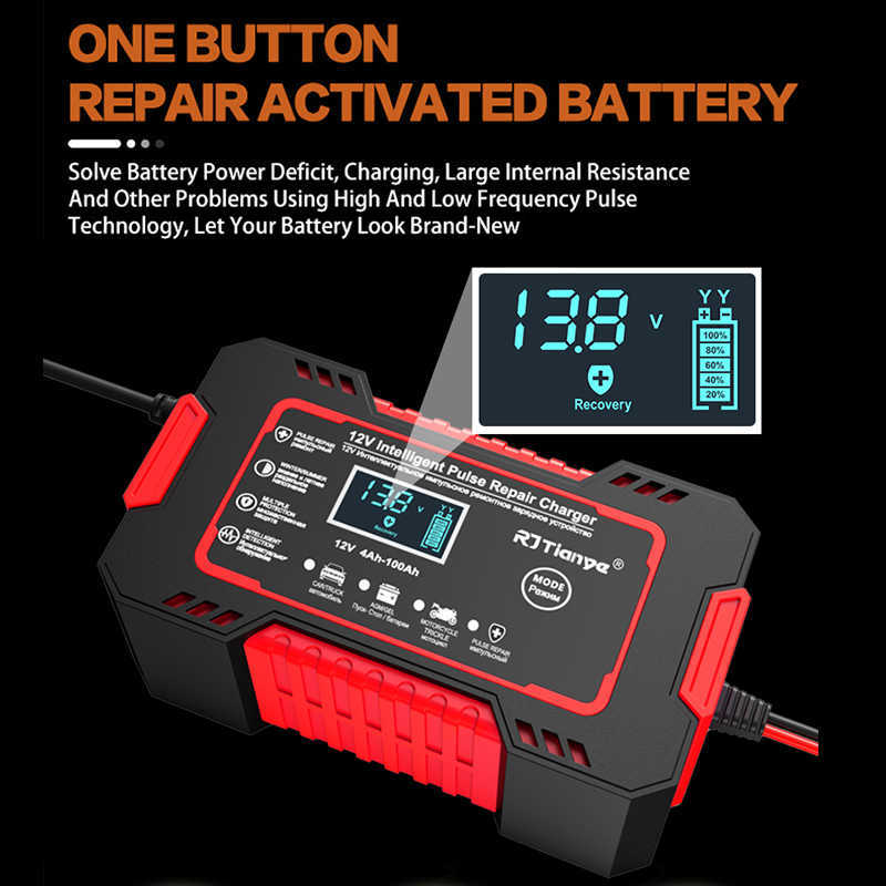 New Car Battery 12V Pulse Repair LCD Display Smart Fast Charge AGM Deep cycle GEL Lead-Acid Charger For Auto Motorcycle