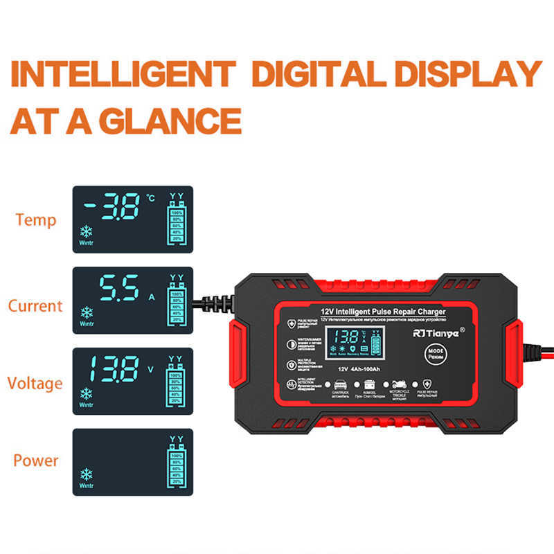 New Car Battery 12V Pulse Repair LCD Display Smart Fast Charge AGM Deep cycle GEL Lead-Acid Charger For Auto Motorcycle