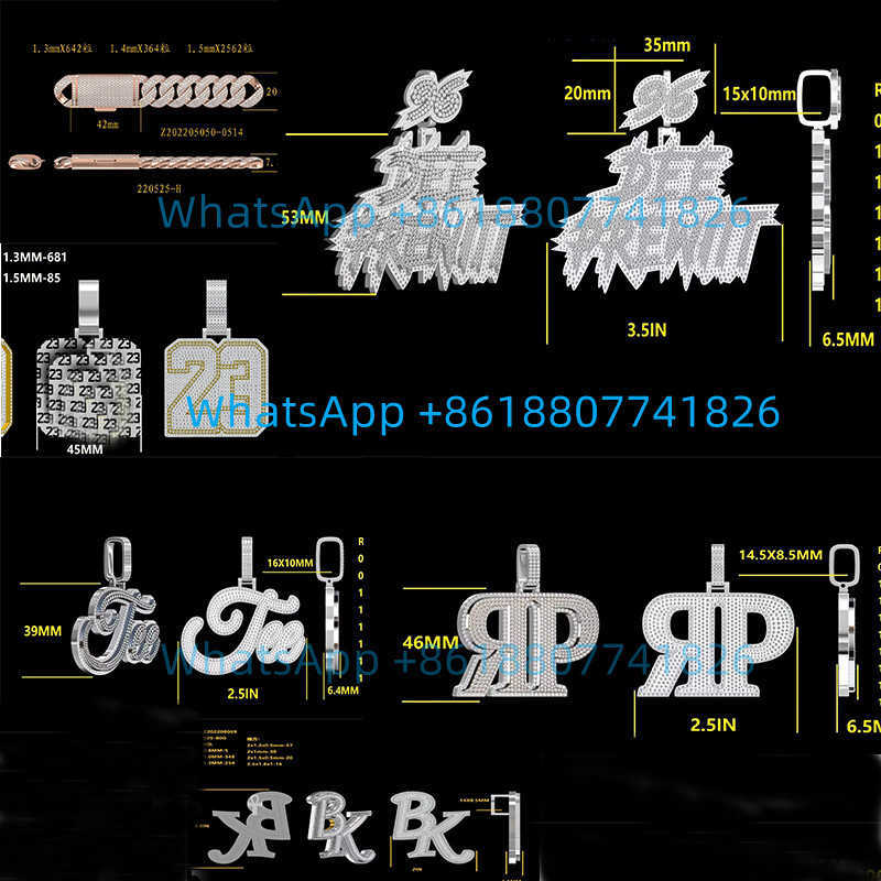 Custom Luxury 3 Width Hip Hop Iced Out Fine Jewelry Micro Pave d Color Vvs Baguette Moissanite Diamond Letter Pendant Necklace