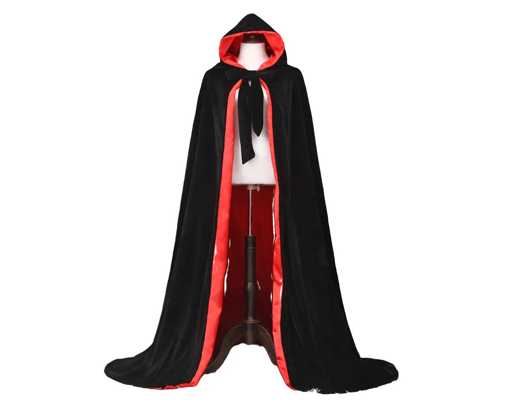 Black Cloak Velvet Hooded Cape Medieval Renaissance Costume LARP Halloween Fancy Dress