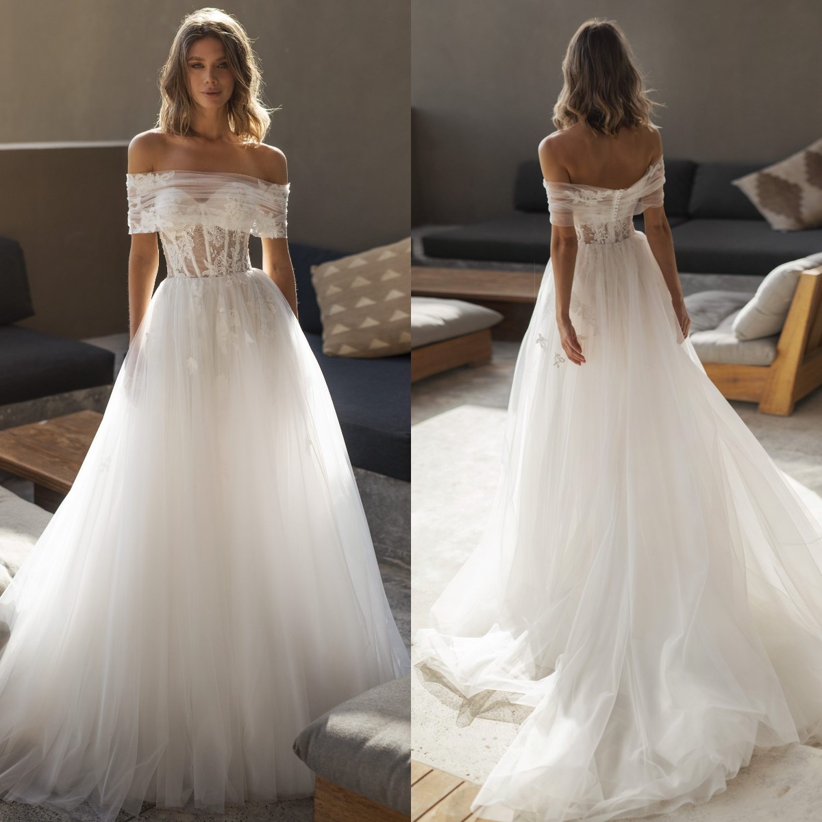 Fashion A Line Dresses For Bride Off Shoulder Wedding Dress Lace Appliques Tulle Designer Bridal Gowns