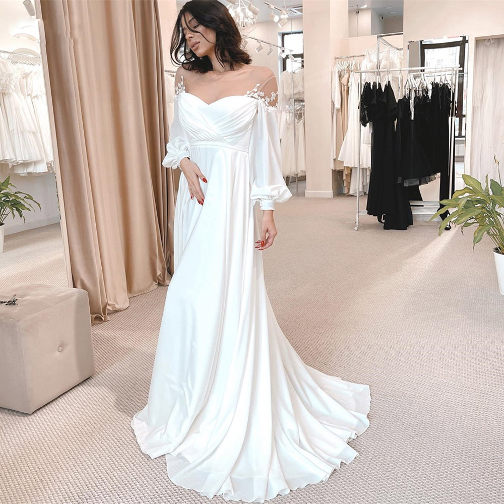 Neck Modern Sheer Chiffon Dresses Puffy Sleeve Lace Appliques A Line Bridal Dress Empire Pleat Pregnant Wedding Gown