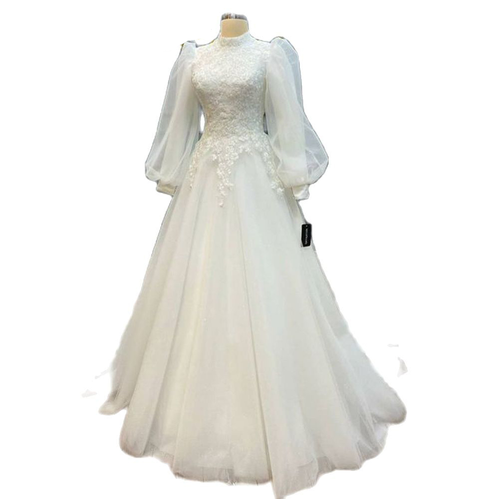 Puffy Sleeve Muslim Wedding Dress High Neck Appliques Arabic Dubai Bridal Gown Vintage A Line Islam Females Vestido De Novia