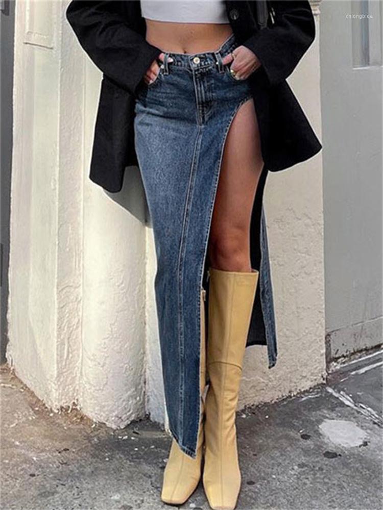 Skirts 2023 Summer Split Out Denim Skirt Jeans Women Casual Long Low Waisted Jean Streetwear Midi Pencil Y2k