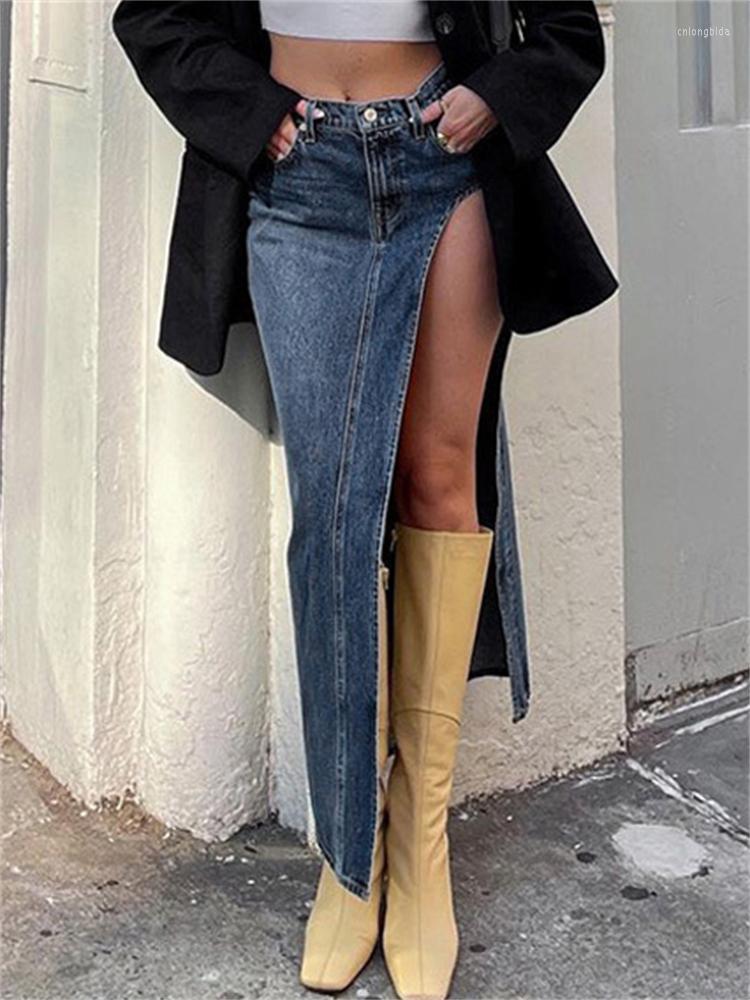 Skirts 2023 Summer Split Out Denim Skirt Jeans Women Casual Long Low Waisted Jean Streetwear Midi Pencil Y2k