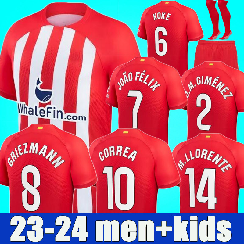 

Atletico Madrids soccer jerseys 23 24 120th anniversary JOAO FELIX 2023 2024 M.LLORENTE GRIEZMANN KOKE SAUL Correa LEMAR football shirt men kids kit sets uniforms, 23-24 home