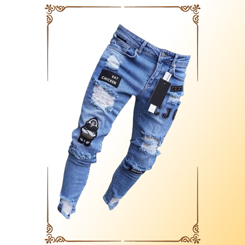 3 Styles Men Stretchy Ripped Skinny Biker Embroidery Print Jeans Destroyed Hole Taped Slim Fit Denim Scratched High Quality Jean 2