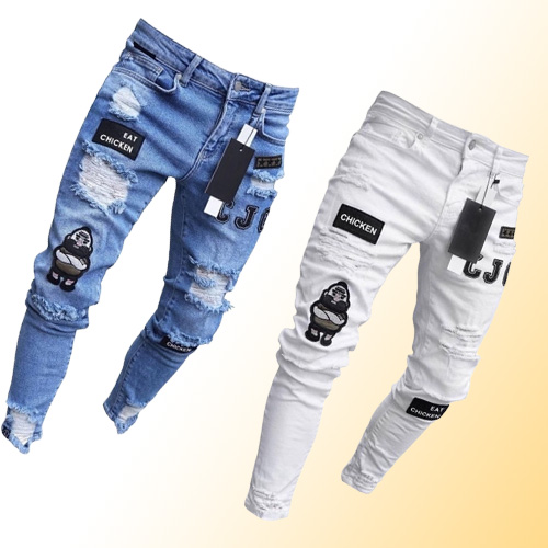 3 Styles Men Stretchy Ripped Skinny Biker Embroidery Print Jeans Destroyed Hole Taped Slim Fit Denim Scratched High Quality Jean 2