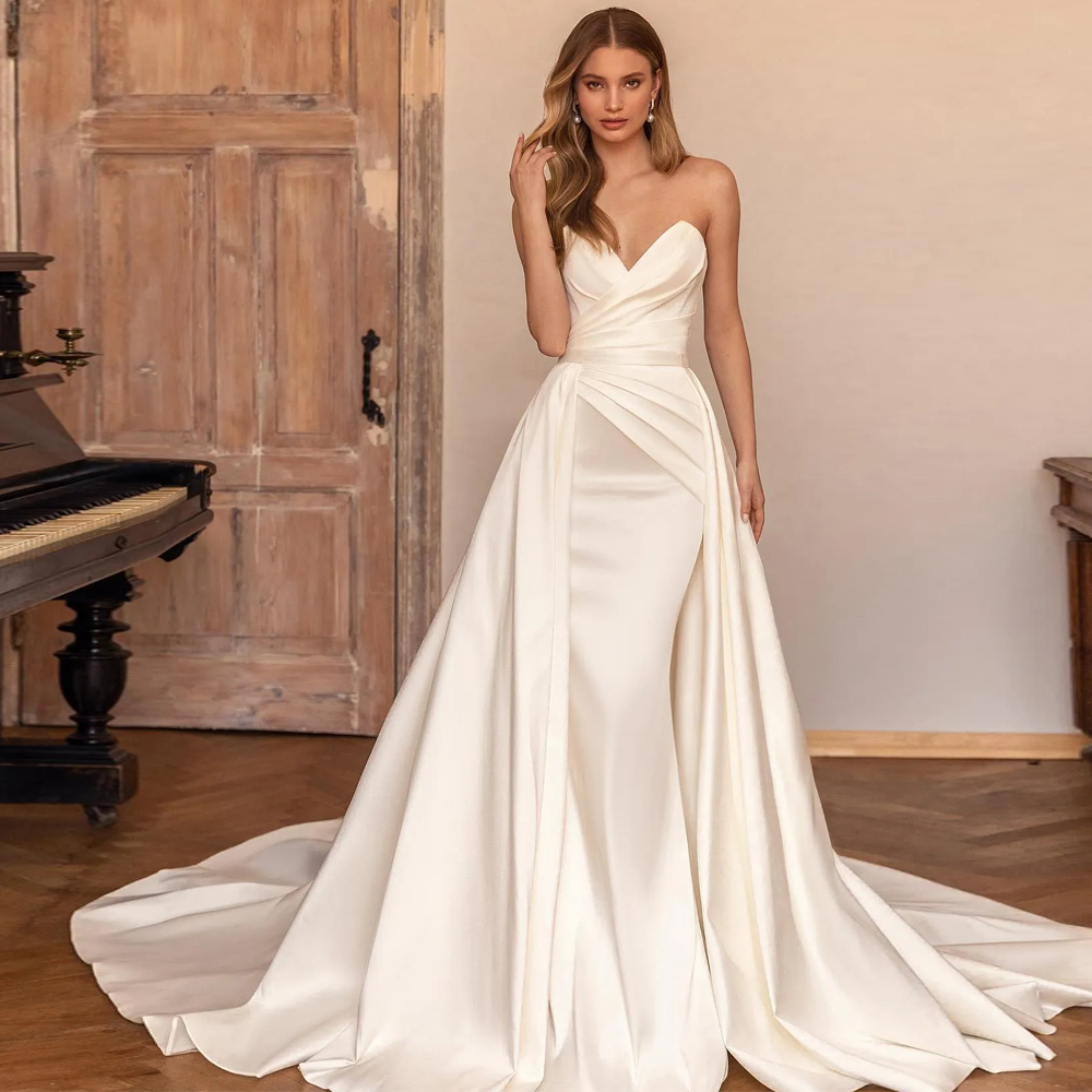 Sexy Satin Off Shoulder Wedding Dresses With Detachable Train Sweetheart A-Line White Ivory Bridal Gowns vestidos de novia Free shipping