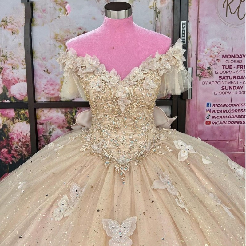 Champagne Shiny Sexy V-Neck Princess Prom Dress Quinceanera Dresses Bow Applique Lace Beading Sweet 16 Birthday Party Dresse Vestidos De 15 Anos