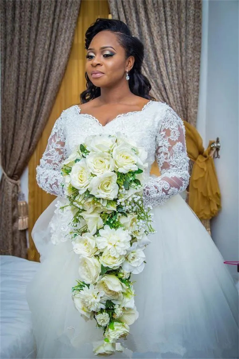Long Sleeves Ivory Tulle Wedding Dresses Lace Appliques African Plus Size Bridal Gowns Chapel Vestido De Novia 2023