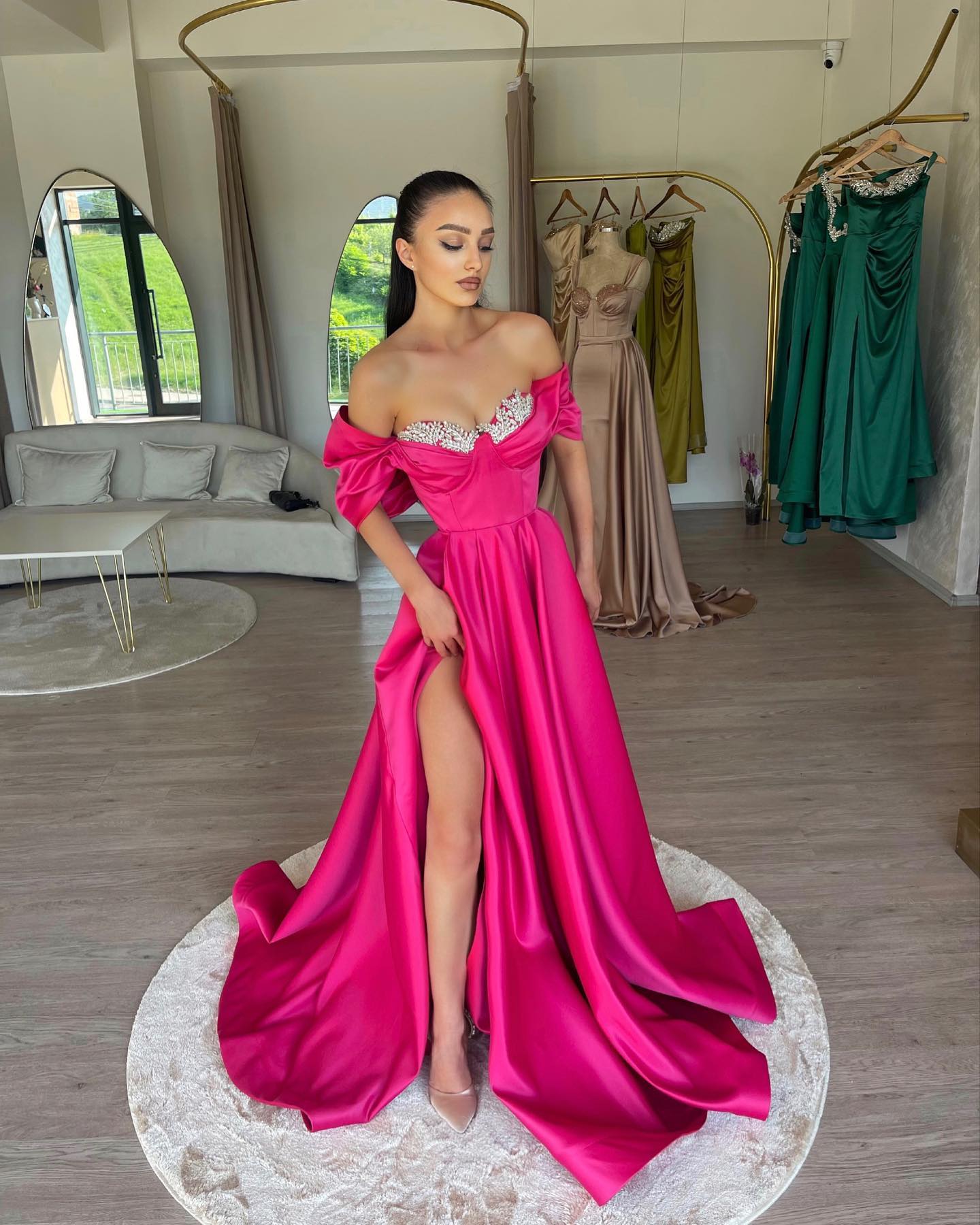 Fashion Rosy Pink Prom Dresses Off Shoulder Beads Collar Evening Gowns Pleats Slit Formal Long Special Ocn Party Dress