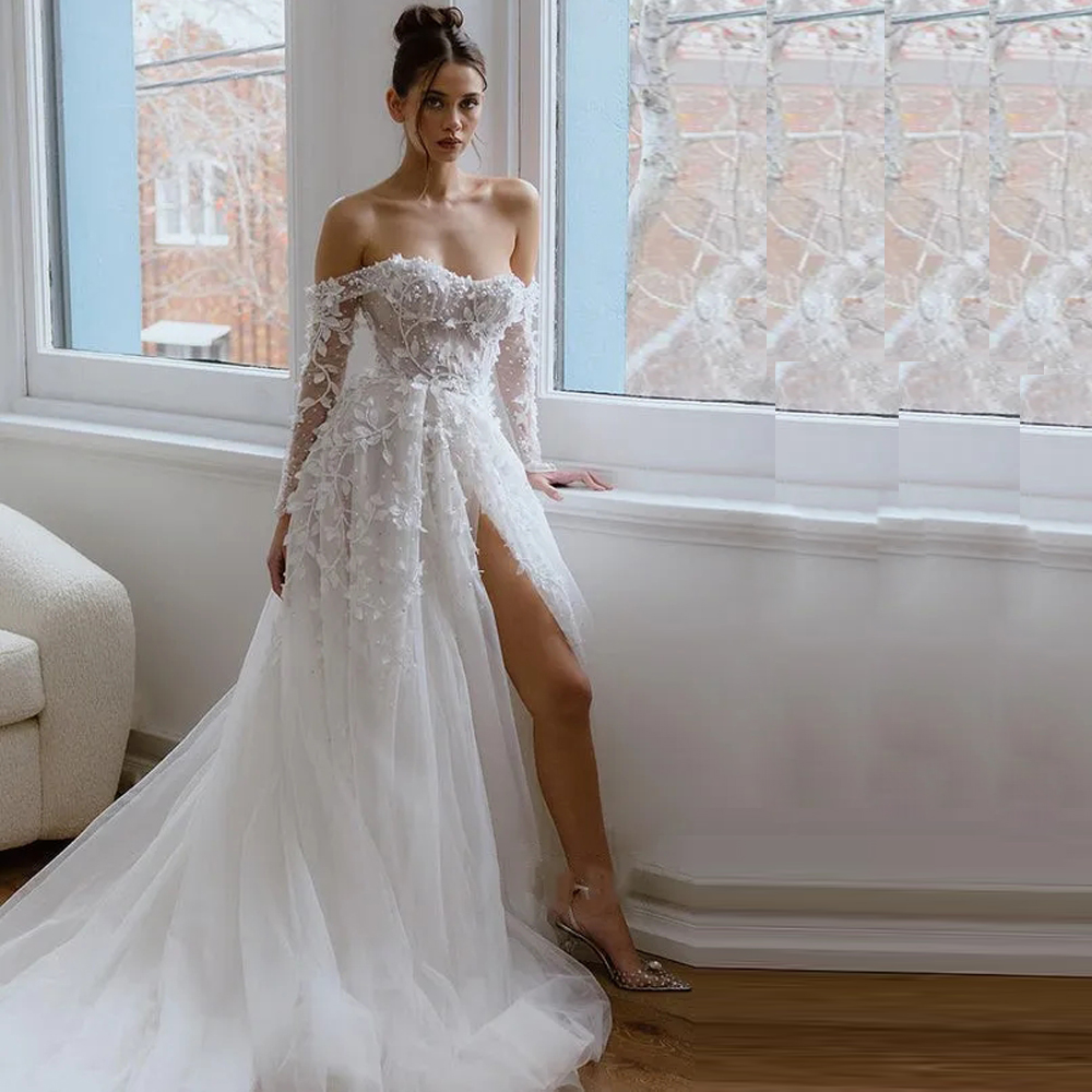 Boho Dresses with Slit Beaded Lace Applique Off Shoulder Bridal Gown Pearls Pleat A e Wedding Gowns