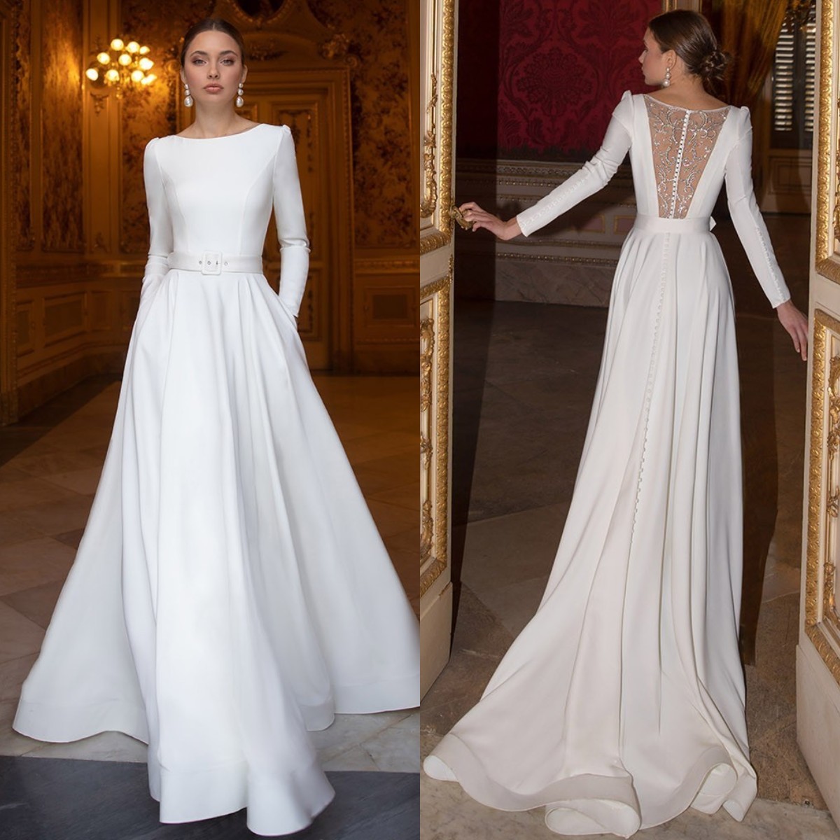 Fashion A Line Dresses For Bride Bateau Long Sleeves Satin Wedding Dress Button Back Designer Bridal Gowns Sweep Train 0616