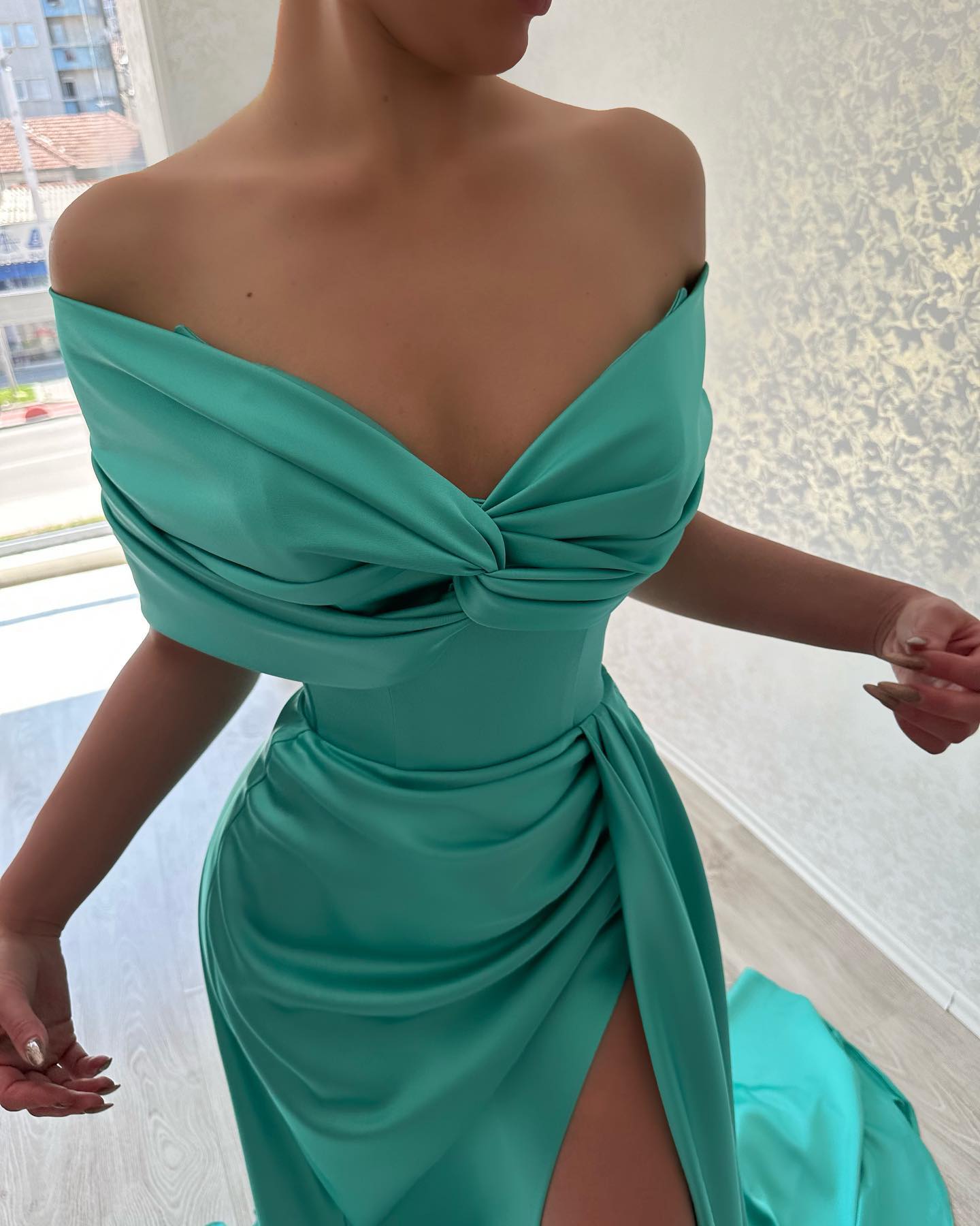 Fashion Turquoise Green Prom Dresses Off Shoulder Evening Gowns Pleats Slit Formal Red Carpet Long Special Ocn Party Dress Lz0304