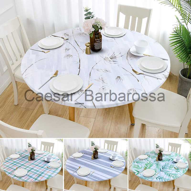 Table Cloth Waterproof Round Table Cover Elastic Fitted Leaves Printed Tablecloth Striped Oilproof Stretch Protector Home Kitchen Decor x0704