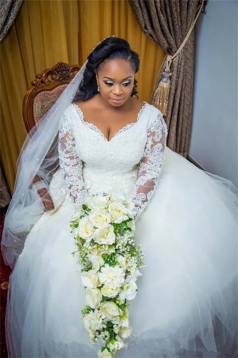 Long Sleeves Ivory Tulle Wedding Dresses Lace Appliques African Plus Size Bridal Gowns Chapel Vestido De Novia 2023