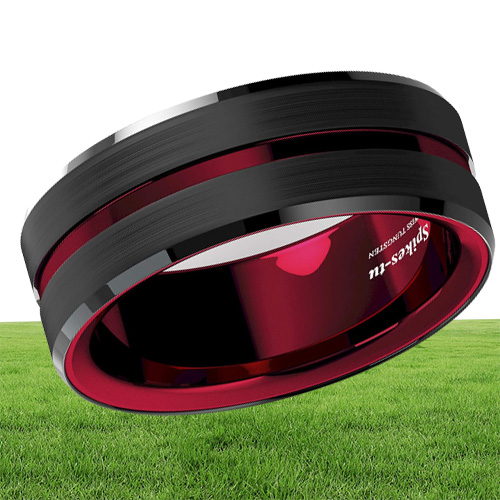8Mm Splicing Black Brushed Tungsten Carbide Ring with Comfort Fit Red Inner Ring Wedding Band Ring Men Jewelry Delicate Style Gift