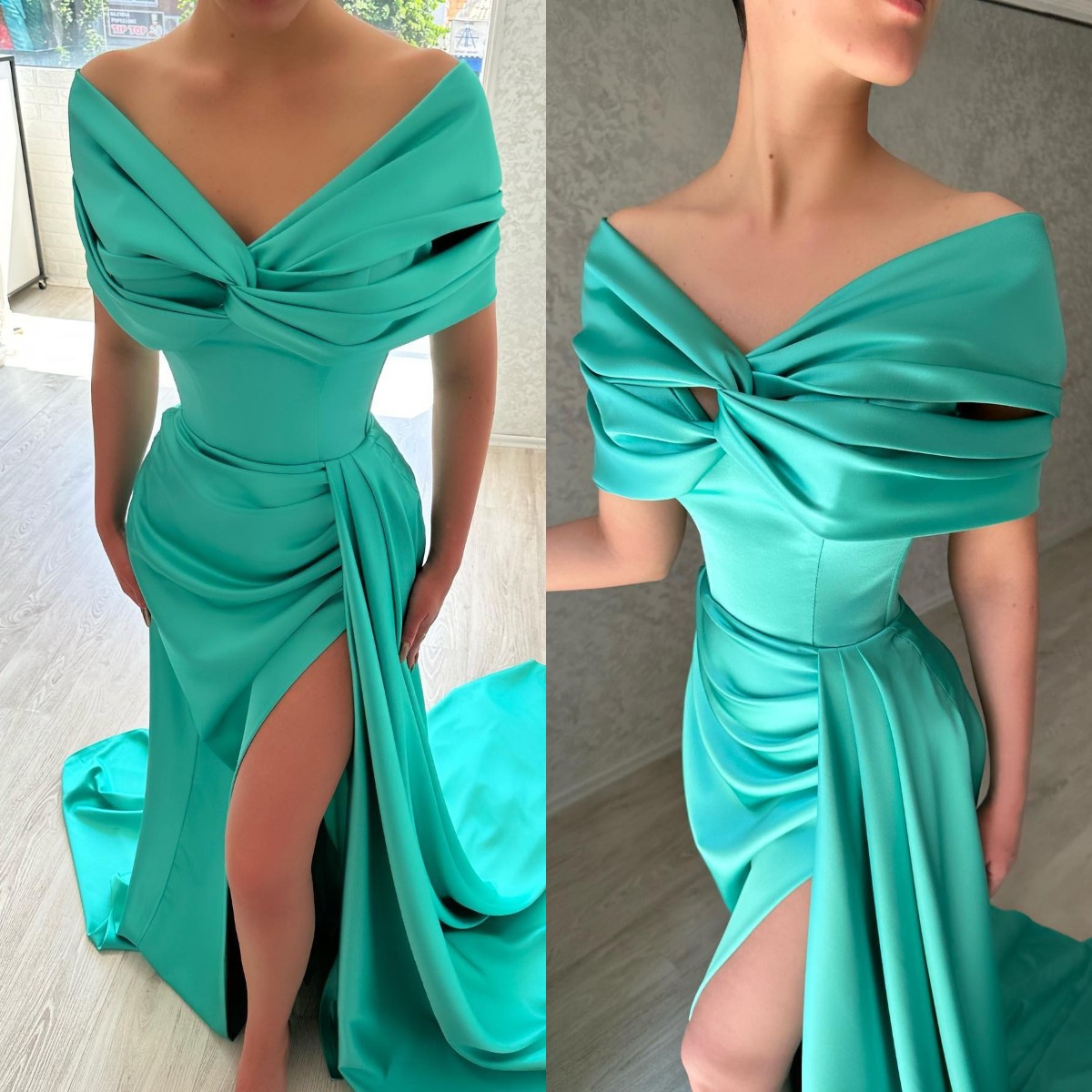 Fashion Turquoise Green Prom Dresses Off Shoulder Evening Gowns Pleats Slit Formal Red Carpet Long Special Ocn Party Dress Lz0304