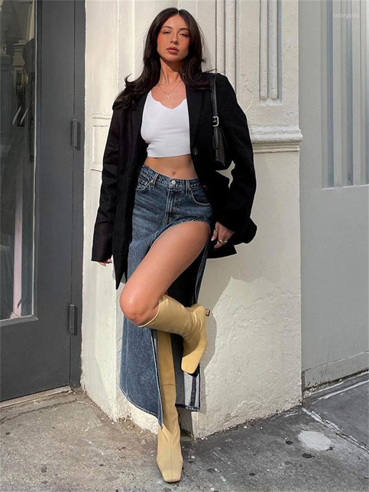 Skirts 2023 Summer Split Out Denim Skirt Jeans Women Casual Long Low Waisted Jean Streetwear Midi Pencil Y2k