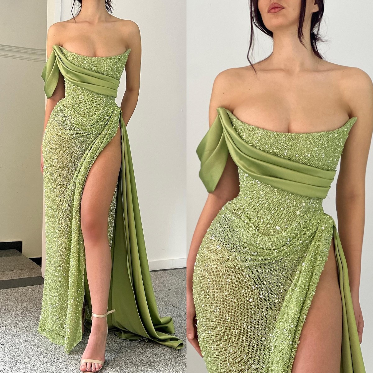 Fashion Green Sequins Prom Dresses Strapless Evening Gowns Pleats Slit Formal Red Carpet Long Special Ocn Party Dress Lz0304