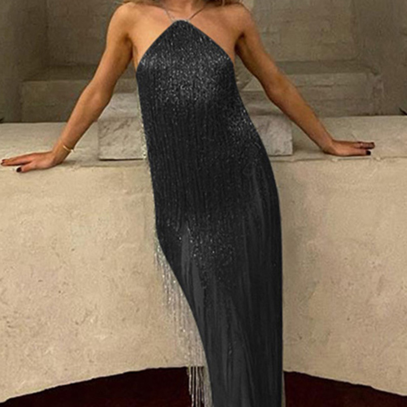 Urban Sexy Dresse Tassels Party Dress Halter Sleeveless Backless Evening Prom Fashion Slim Waist Sequined Nightclub 230703