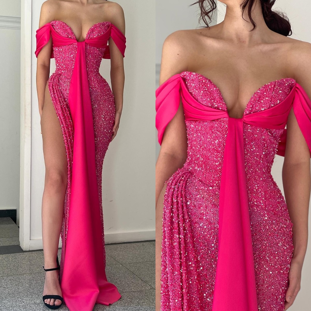 Fashion Rosy Pink Sequins Prom Dresses Off Shoulder Evening Gowns Pleats Slit Formal Red Carpet Long Special Ocn Party Dress Lz0304