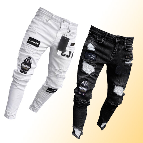 3 Styles Men Stretchy Ripped Skinny Biker Embroidery Print Jeans Destroyed Hole Taped Slim Fit Denim Scratched High Quality Jean 2
