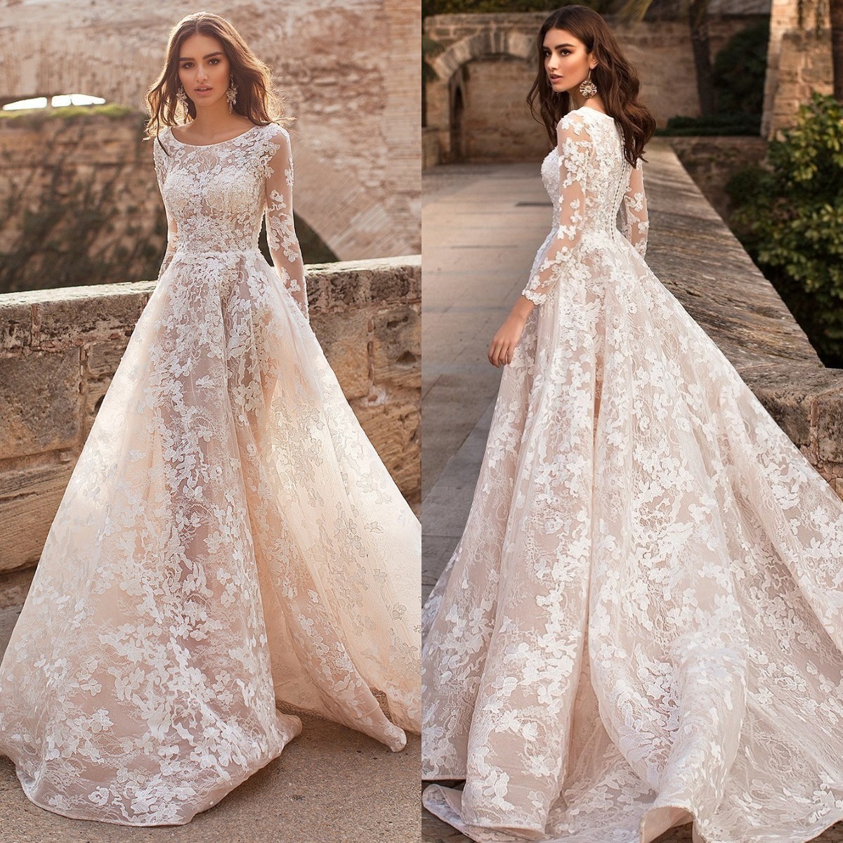 Fashion A e Dresses for bride Scoop Long Sleeves Lace Wedding Dress Button Back designer bridal gowns sweep train