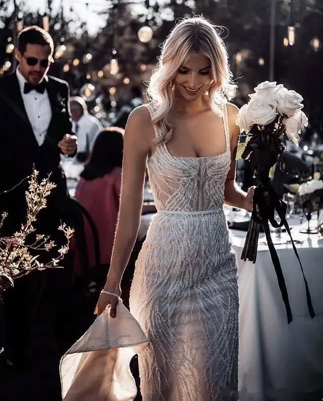 Dresses Mermaid Square Neck Lace Sequins Beads Sexy Backless Beach Wedding Dress Sweep Train Bridal Gowns Boho Vestidos De 2023 BC5125