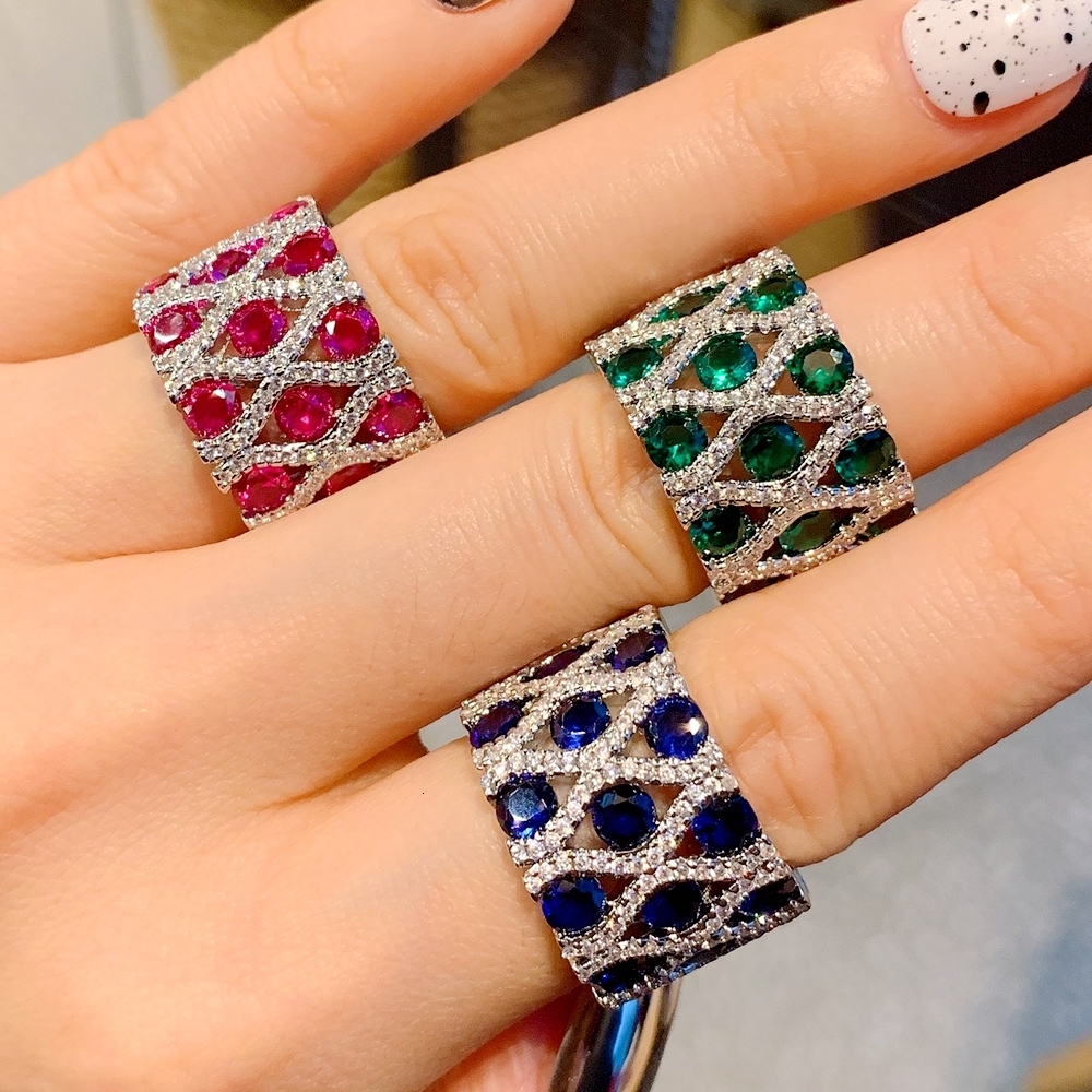 Band Rings KQDANCE Created Gemstone emerald Tanzanite Sapphire ruby Ring with GreenBlueRed Stone 18K White gold plated Jewelry For Woman 230704