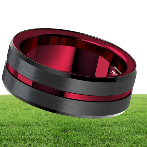 8Mm Splicing Black Brushed Tungsten Carbide Ring with Comfort Fit Red Inner Ring Wedding Band Ring Men Jewelry Delicate Style Gift