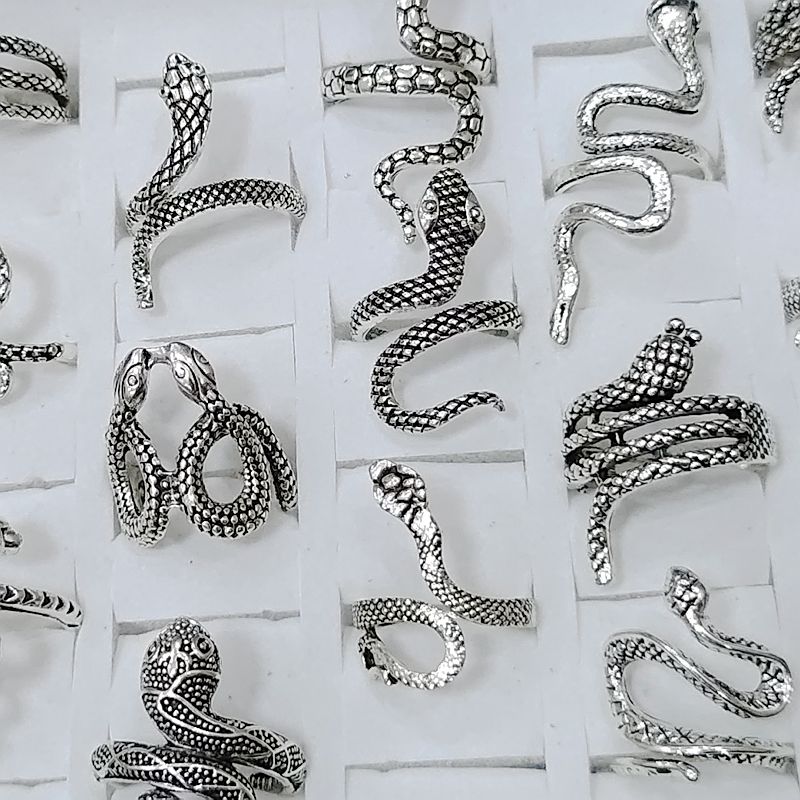 50pcs/lot Antique Silver Styles Mix Snake Ring Male Female Opening Adjustable Rings Exaggerated Metal Alloy Jewelry