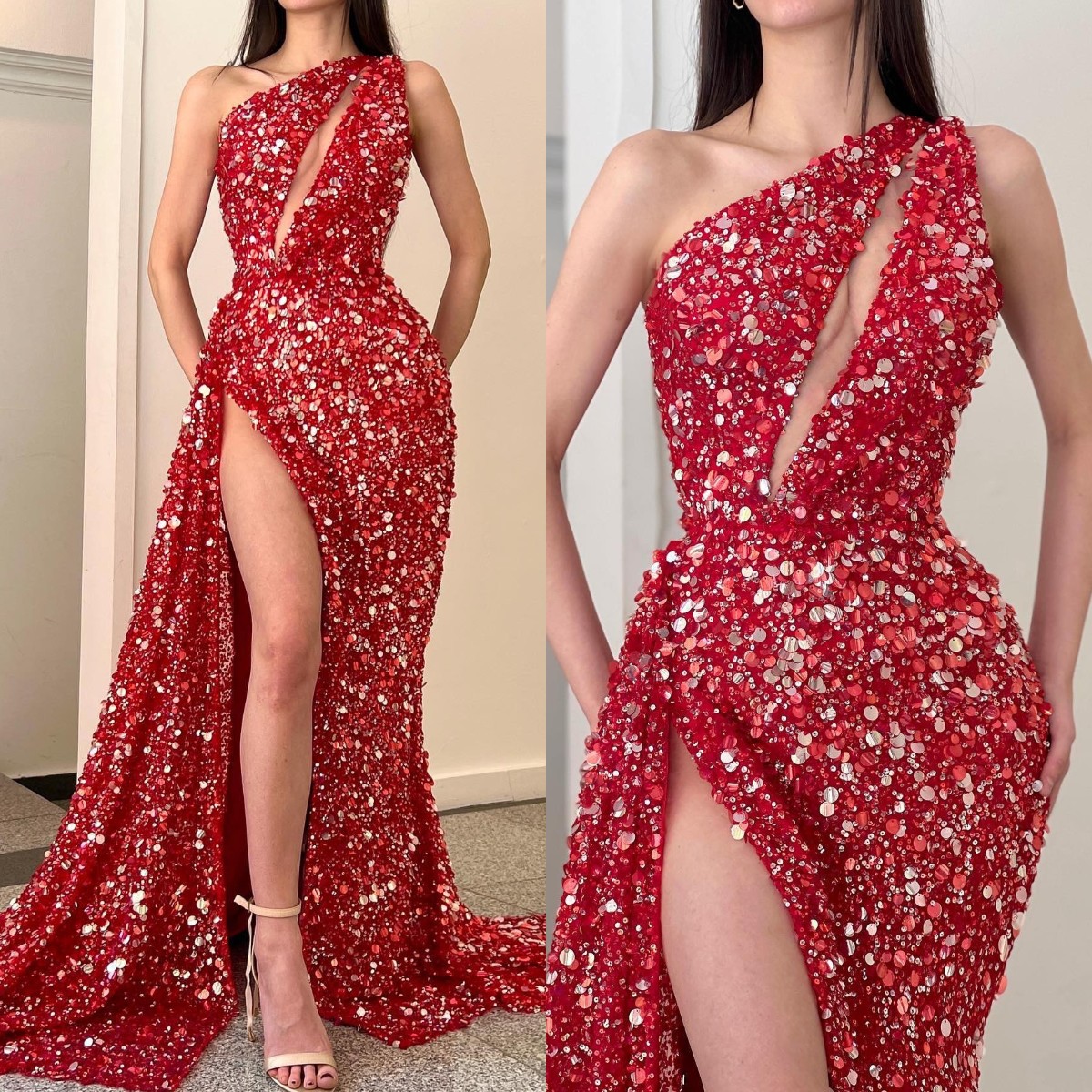 Fashion Sequins Prom Dresses One Shoulder Evening Gowns Pleats Slit Formal Red Carpet Long Special Ocn Party Dress Lz0304
