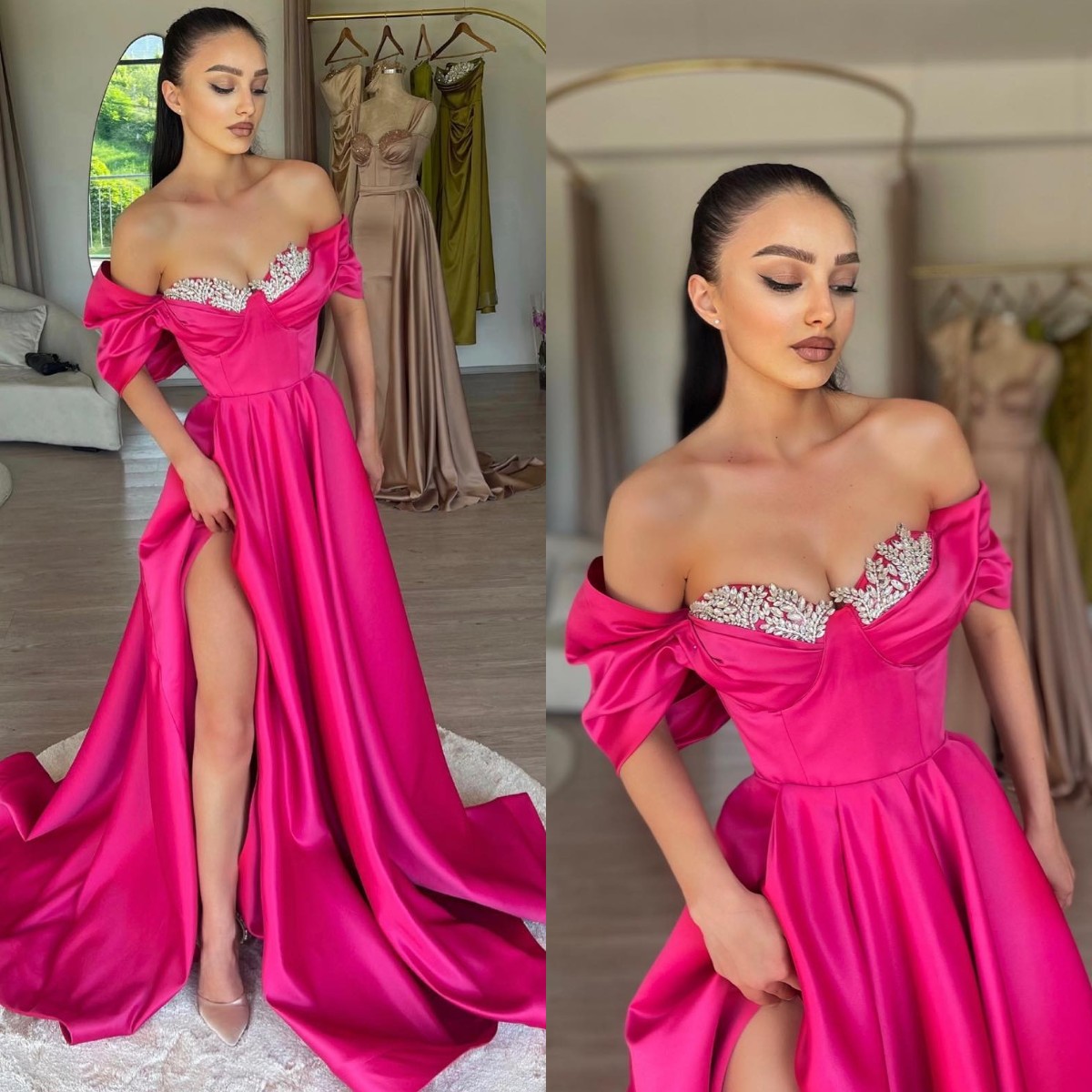 Fashion Rosy Pink Prom Dresses Off Shoulder Beads Collar Evening Gowns Pleats Slit Formal Long Special Ocn Party Dress