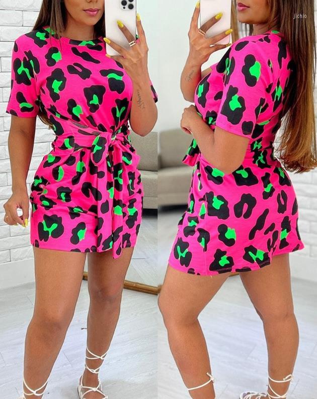 Casual Dresses Summer For Women Leopard Print Knotted Mini Dress European American Womens Short Sleeve Tied Detail Fashion