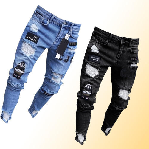 3 Styles Men Stretchy Ripped Skinny Biker Embroidery Print Jeans Destroyed Hole Taped Slim Fit Denim Scratched High Quality Jean 2