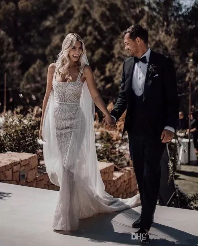 Dresses Mermaid Square Neck Lace Sequins Beads Sexy Backless Beach Wedding Dress Sweep Train Bridal Gowns Boho Vestidos De 2023 BC5125