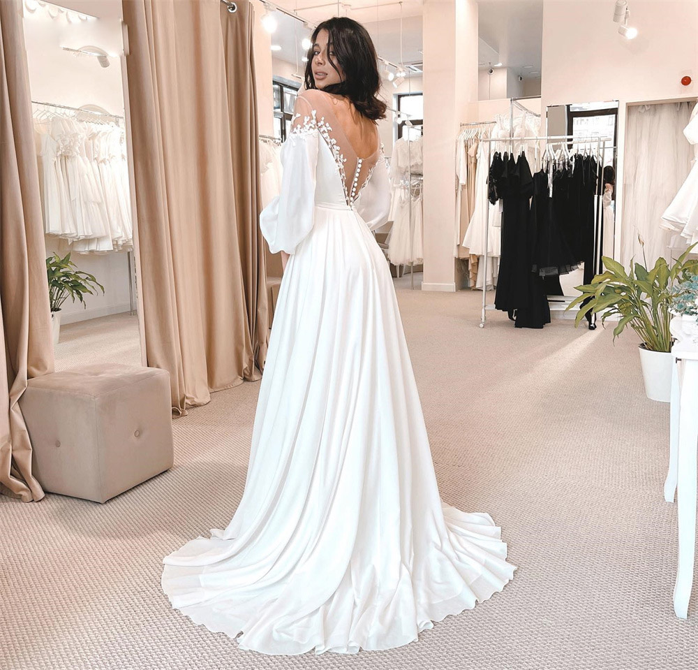 Neck Modern Sheer Chiffon Dresses Puffy Sleeve Lace Appliques A Line Bridal Dress Empire Pleat Pregnant Wedding Gown
