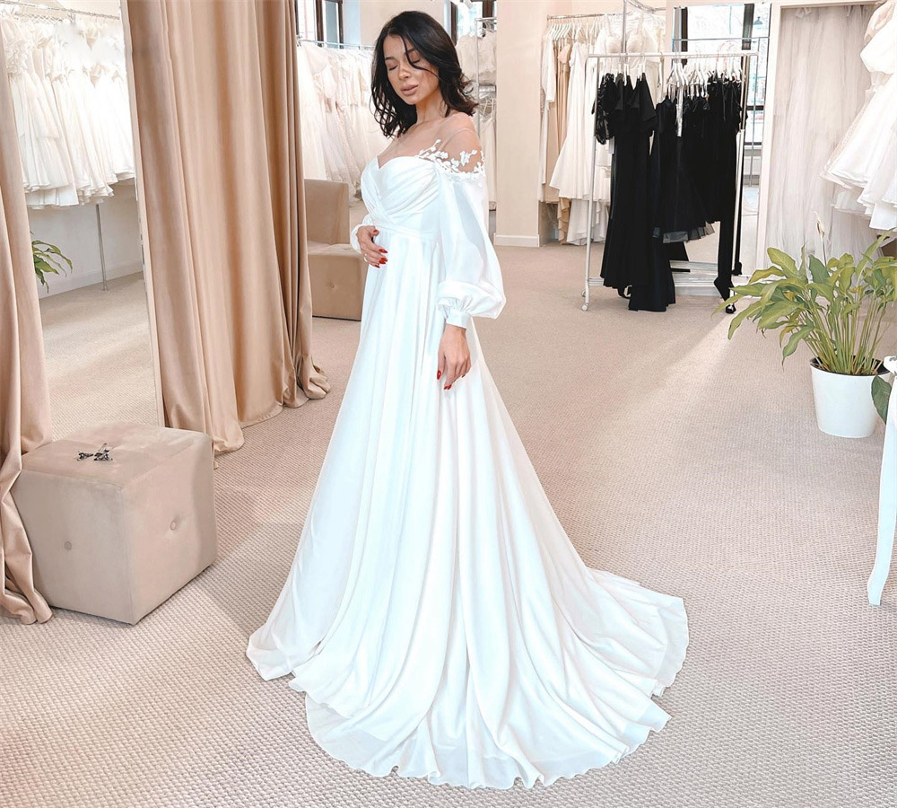 Neck Modern Sheer Chiffon Dresses Puffy Sleeve Lace Appliques A Line Bridal Dress Empire Pleat Pregnant Wedding Gown