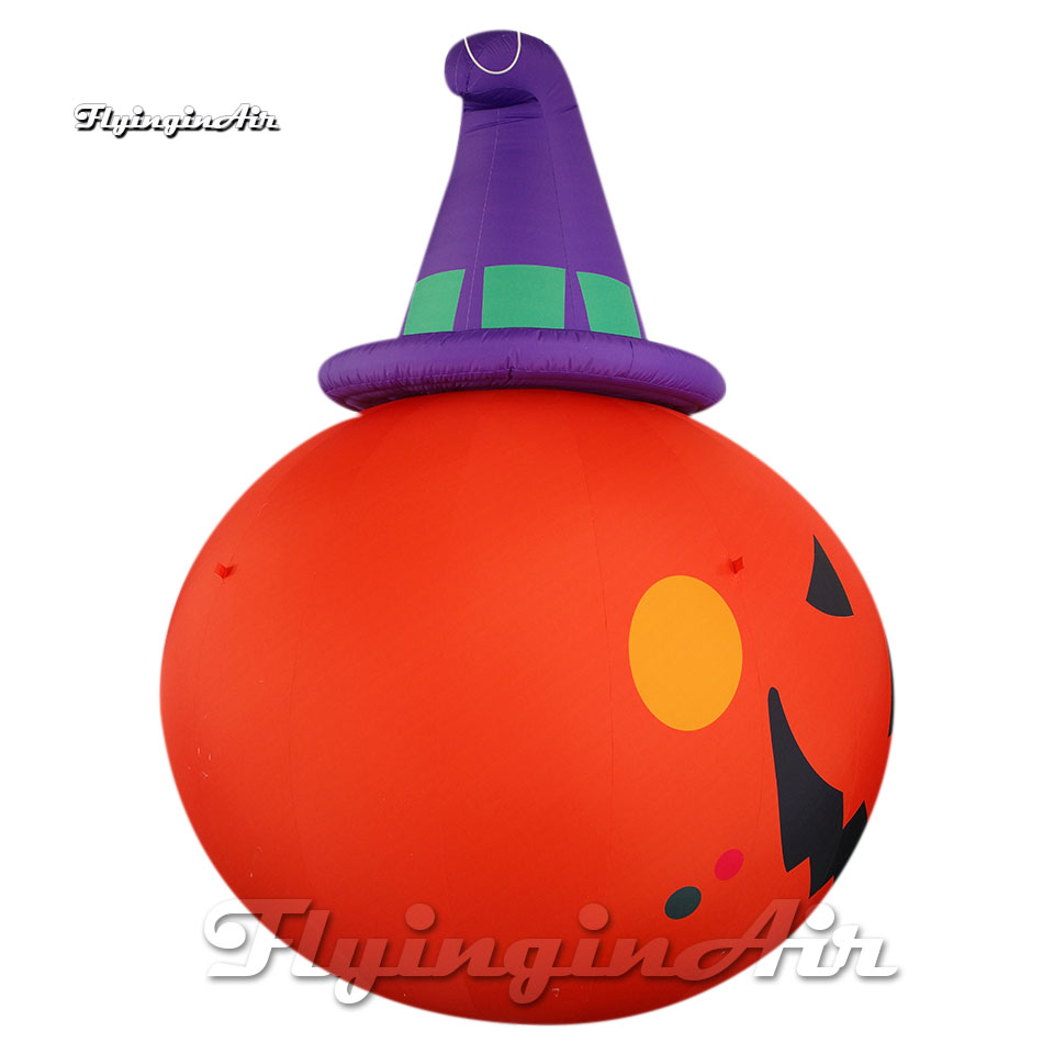 Large Spooky Smiling Inflatable Pumpkin Head Lantern Airblown Jack-o-lantern Balloon With Hat For Hallowmas Party Decoration