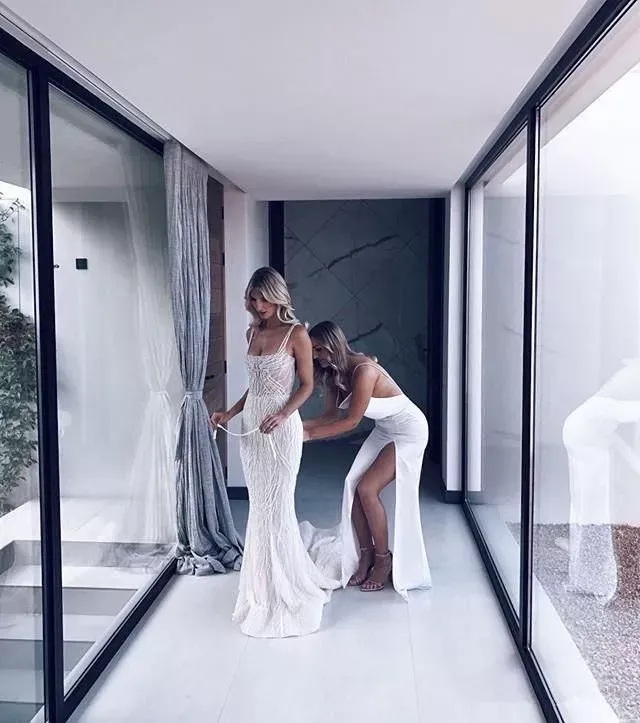 Dresses Mermaid Square Neck Lace Sequins Beads Sexy Backless Beach Wedding Dress Sweep Train Bridal Gowns Boho Vestidos De 2023 BC5125