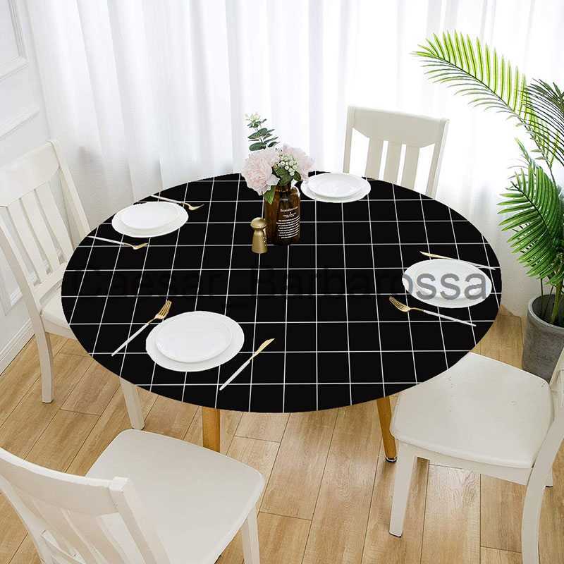 Table Cloth Waterproof Round Table Cover Elastic Fitted Leaves Printed Tablecloth Striped Oilproof Stretch Protector Home Kitchen Decor x0704