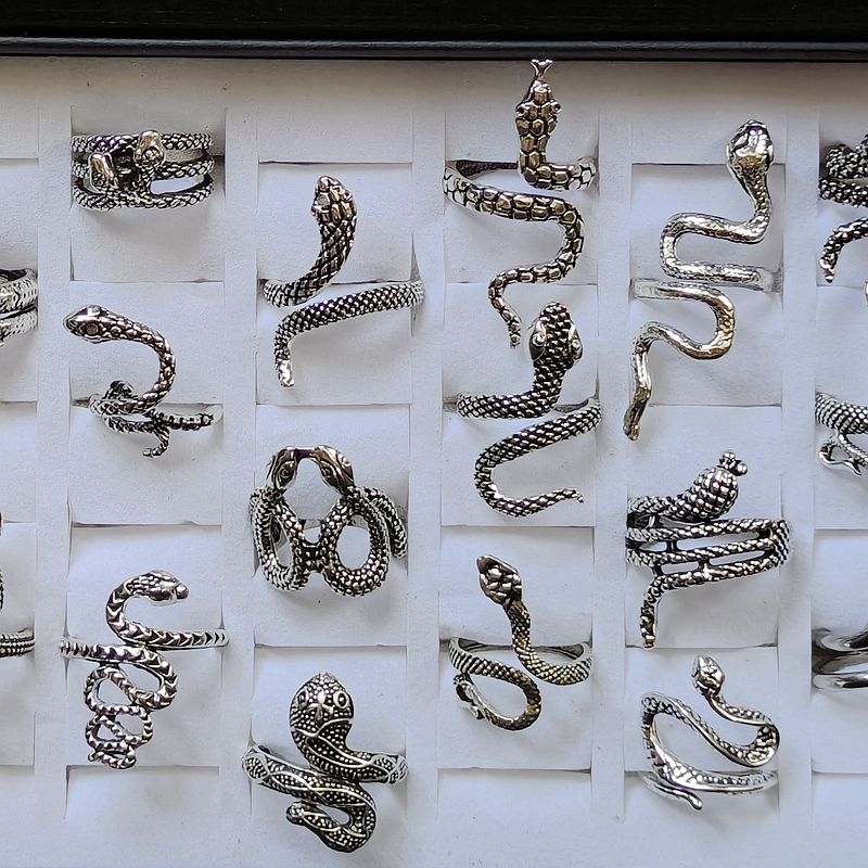50pcs/lot Antique Silver Styles Mix Snake Ring Male Female Opening Adjustable Rings Exaggerated Metal Alloy Jewelry