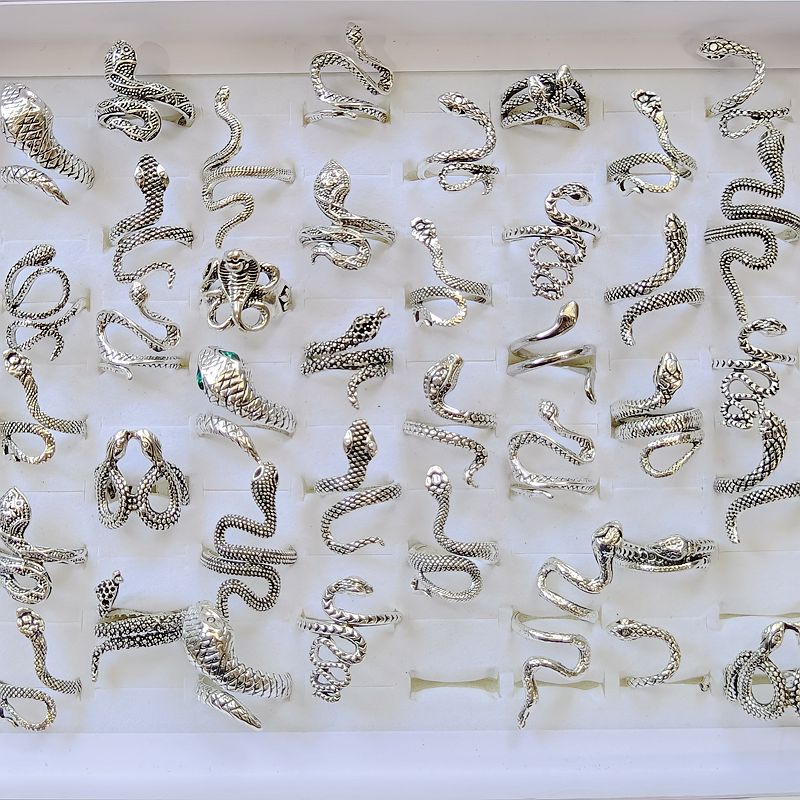 50pcs/lot Antique Silver Styles Mix Snake Ring Male Female Opening Adjustable Rings Exaggerated Metal Alloy Jewelry