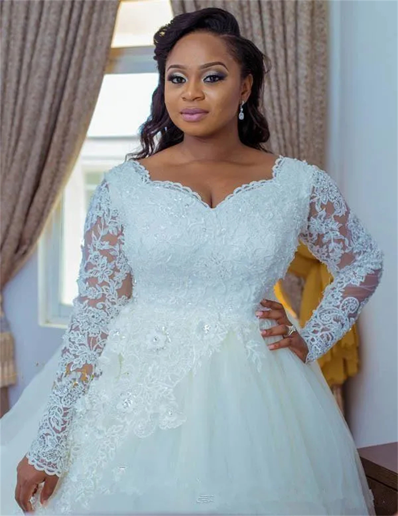 Long Sleeves Ivory Tulle Wedding Dresses Lace Appliques African Plus Size Bridal Gowns Chapel Vestido De Novia 2023
