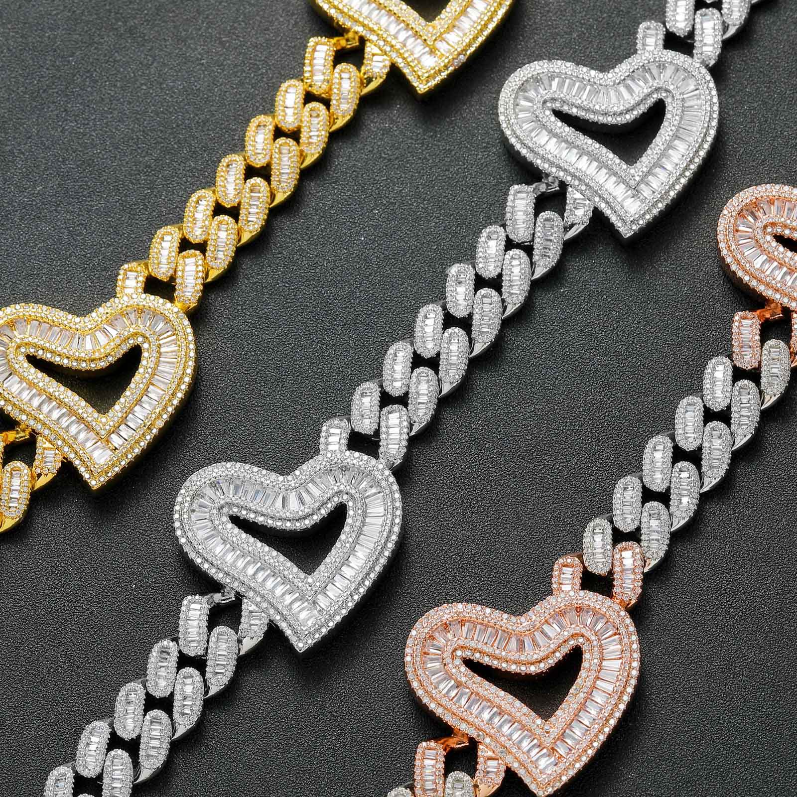 Mens Heavy Hip Hop Chians 16mm 16-22inch Gold Plated Baguette CZ Hearts Cuban Chain Necklace Gift for Friends
