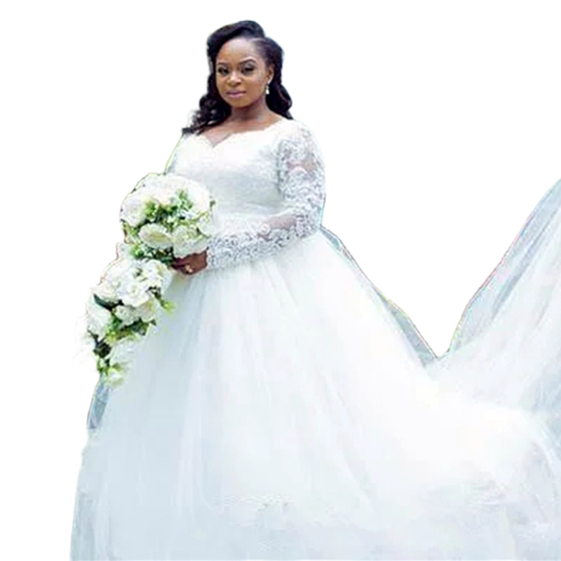 Long Sleeves Ivory Tulle Wedding Dresses Lace Appliques African Plus Size Bridal Gowns Chapel Vestido De Novia 2023