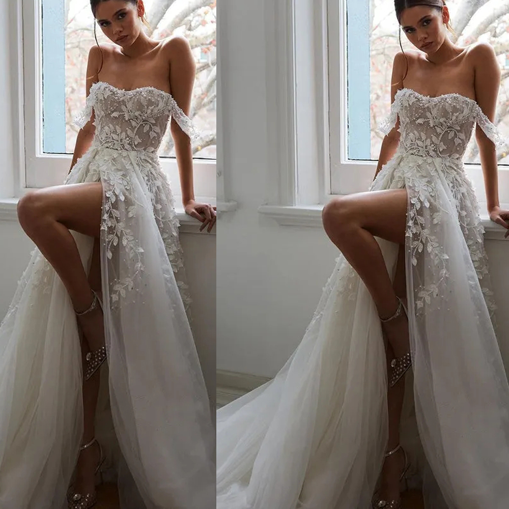 Boho Dresses with Slit Beaded Lace Applique Off Shoulder Bridal Gown Pearls Pleat A e Wedding Gowns